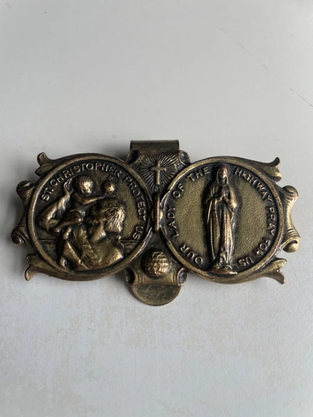 Religious Bronze-Tone Car Visor Clip - St. Christopher & Our Lady